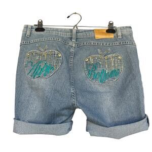Apple Bottoms Shorts Womens 14 Blue Denim Rhinestone Cuffed Embroidered Logo Y2K
